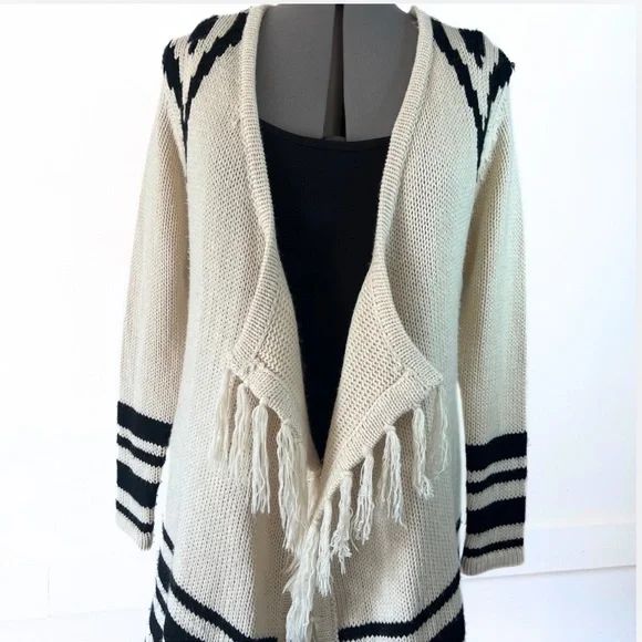 Western Style Knit Stripe Waterfall Fringe Cardigan Black & Cream Sweater- M - Picture 2 of 7